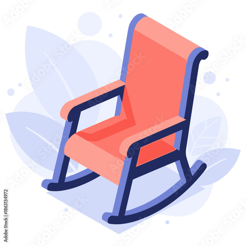 Isometric red rocking chair with blue frame on leafy background