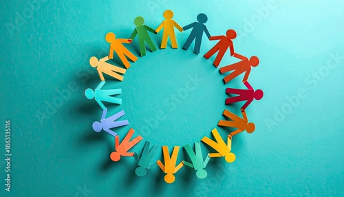 Colorful paper cutout figures holding hands in a circular shape on a teal background