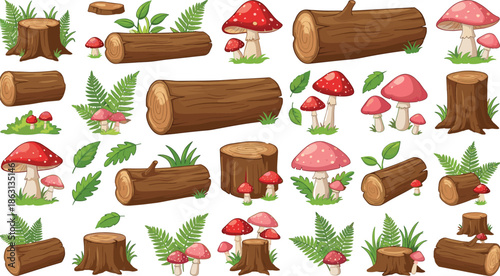 Forest nature elements illustration set, tree stumps wooden logs mushrooms leaves and ferns colorful woodland vector collection