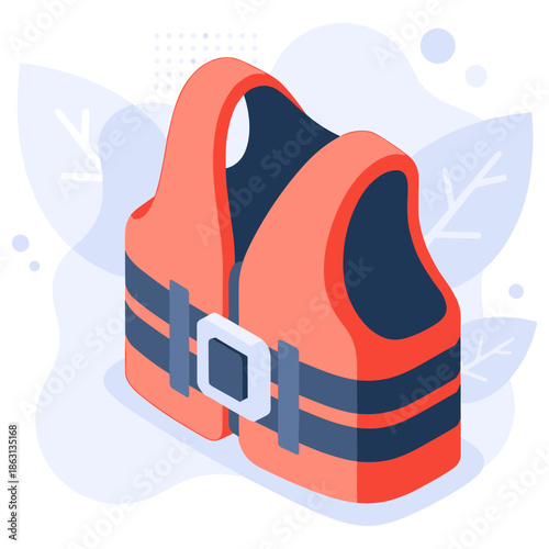 Orange life jacket with striped belt design on abstract blue background