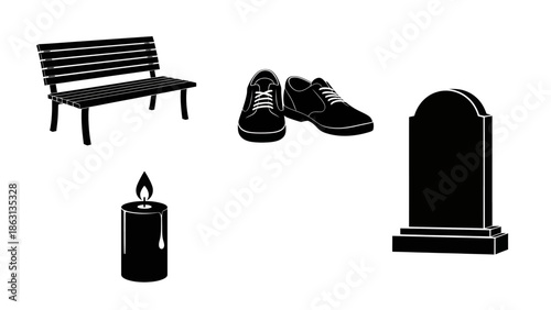 Set of black and white icons representing mourning, loss, and remembrance, including a bench, shoes, candle, and tombstone.