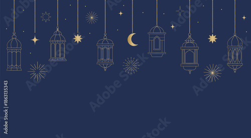 Arabic hanging lamp lantern. Ramadan background template on classic dark blue.Line art