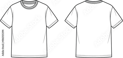 Plain crew neck t shirt illustration, front and back view basic short sleeve tee technical flat sketch garment template vector
