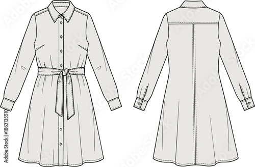 Shirt dress illustration front and back, long sleeve button down belted waist collared midi dress technical fashion vector flat sketch garment template