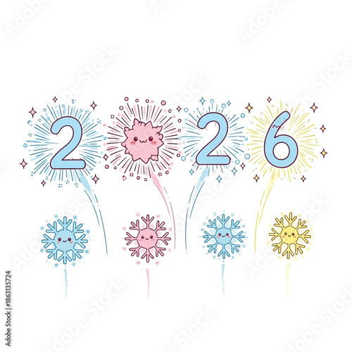 Colorful snowflakes celebrate 2026 with fireworks and sparkles in winter scene