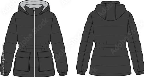 Winter padded jacket illustration, hooded insulated coat front and back view technical apparel fashion vector designWinter padded jacket illustration, 