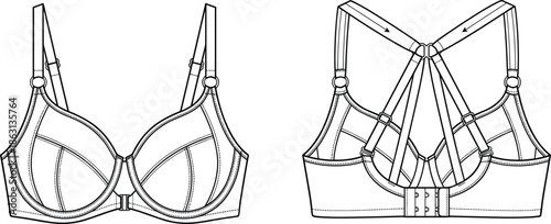 Women bra illustration, front and back view supportive lingerie with adjustable straps technical fashion line art vector design