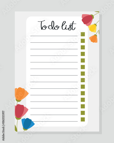 To Do List with colorful flowers pattern. Spring blank for checklist, print, planner, diary, shopping, organizer, notes.