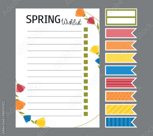 Spring wishlist with flower pattern and stickers. Vector template for agenda, planner, checklist, book, note, memo, card and other personal organizer. Layout in A4, A5, A6.