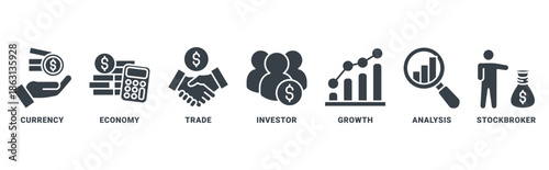 Forex icon set vector concept with icon of currency, economy, trade, investor, growth, analysis and stockbroker 