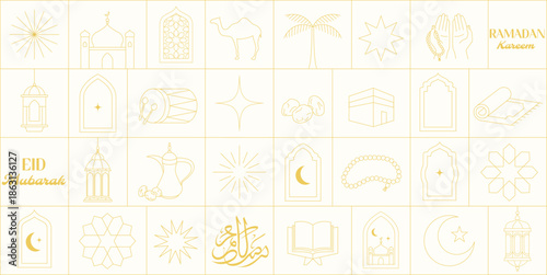 Ramadan muslim holy month. Golden line icons set on beige minimal luxury background.