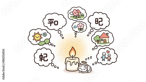 Cute cat sleeps peacefully beside a warm candle with dream bubbles floating up