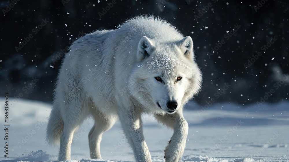 Obraz premium Majestic white wolf with amber eyes strides through a snowy winter landscape with falling snowflakes