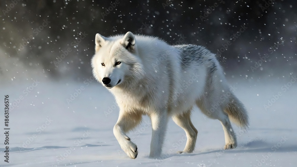 Obraz premium White wolf striding gracefully through a snowy winter landscape with snowflakes falling and a blurred dark