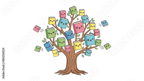 Colorful cubes fall from tree branches in a playful illustration scene.