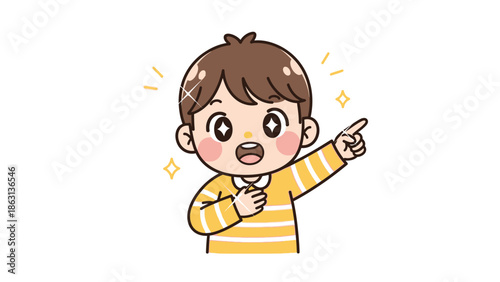 A young boy pointing excitedly to the side with a surprised expression on his face