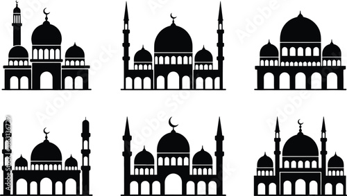 A set of six diverse mosque silhouettes for islamic design projects