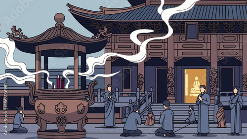 Ancient temple courtyard with monks gathered around incense burner, illustration