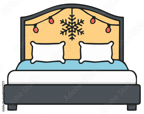 Festive Christmas Bedroom Illustration with String Lights and Snowflake Decoration on Headboard, Comfortable Pillows