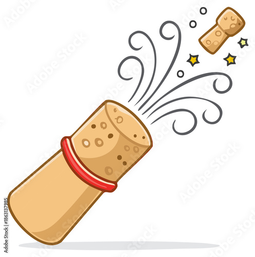 Celebratory Cartoon Champagne Cork Pop Illustration with Bubbles and Stars