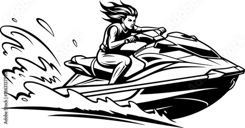Dynamic female jetski rider in stylized monochromatic illustrati
