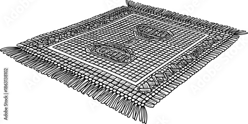 Engraved rendition of a woven mat or rug with fringe, minimalist
