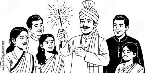 Monochromatic family celebration: Man with sparkler in tradition
