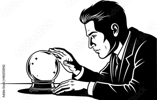 Monochrome illustration of a man gazing into a fortune telling c
