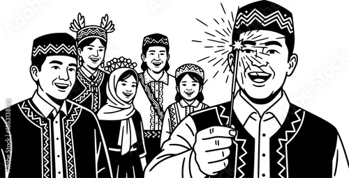 Monochromatic family celebration: Man with sparkler in tradition
