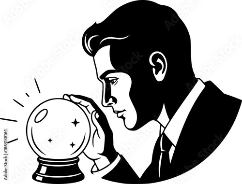 Monochrome illustration of a man gazing into a fortune telling c
