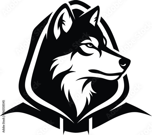 A black and white illustration of a husky dog wearing a hoodie, showcasing its profile and facial features.