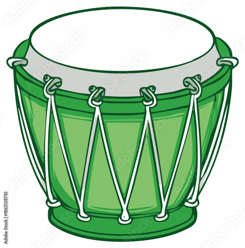 Traditional green folk drum cartoon vector icon for music and celebration