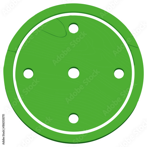 Green round clothing button with five holes and a wood grain texture