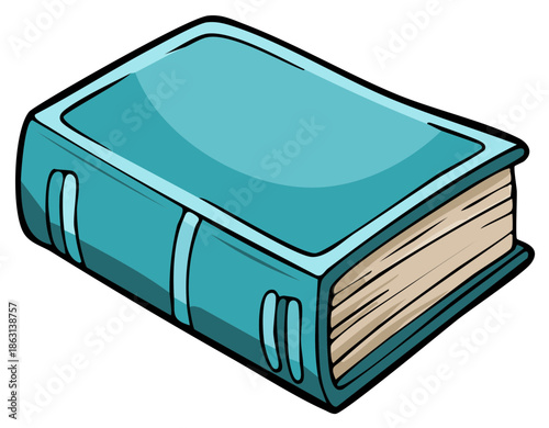Teal hardcover book with pages slightly open and a simple illustration style