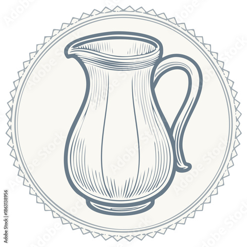 Elegant Line Art Illustration of a Pitcher in a Decorative Frame for Kitchenware or Food Service Designs