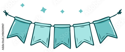Cute hand drawn illustration of a teal party bunting banner with sparkles for festive decoration