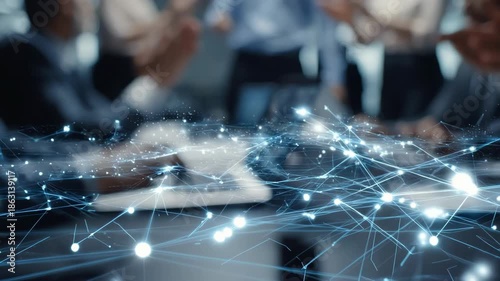 Medium shot capturing a business meeting where digital smart contract loan agreements are visibly secured and verified via blockchain technology.