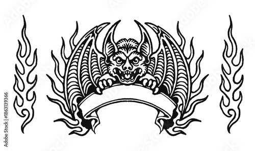 A detailed black and white illustration of a fierce winged gargoyle or demon creature with sharp teeth and claws, holding a blank banner, surrounded by stylized flames.