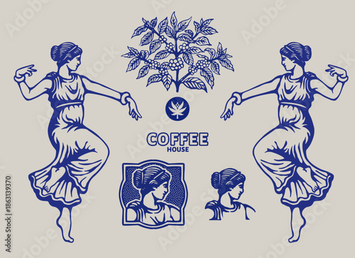 Vintage blue and white illustrations featuring dancing women, coffee plant, and classical female portraits, with a 'Coffee House' logo.