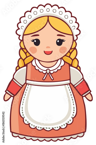 Cute cartoon maid with blonde braids, wearing a lace bonnet and apron, smiling sweetly, vintage-inspired design
