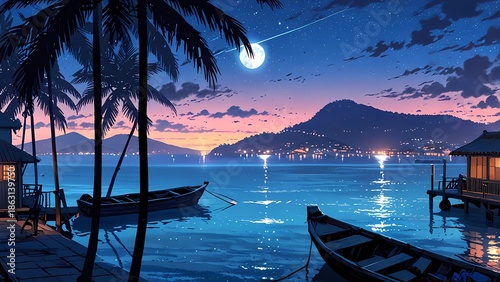 Peaceful tropical island at dusk with boats and palm trees