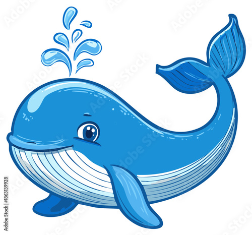 Cartoon illustration of a friendly whale with a water spout