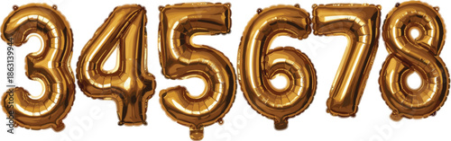 Gold foil balloon numbers set illustration from zero to nine, shiny metallic party decoration elements for birthday, anniversary, celebration banners, and festive event designs