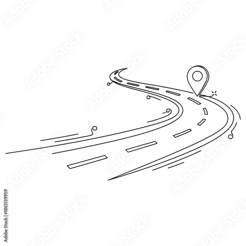 Curved road with location pin on map - simple line art, no editable stroke