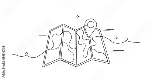 Minimalistic line art map with location pin on a folded paper, no editable stroke