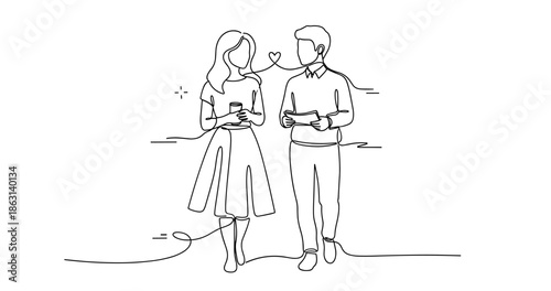 Continuous line art of young couple sharing music, no editable stroke