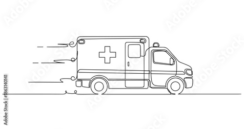 Continuous line drawing of a speeding ambulance with motion lines, no editable stroke