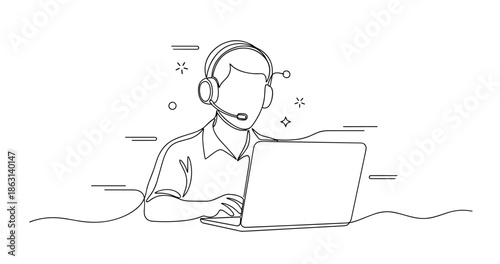 Line art of male customer service agent with headset on laptop, no editable stroke