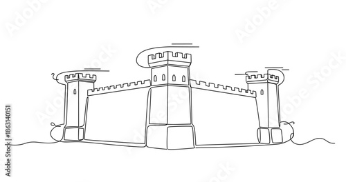 Medieval castle sketch with towers and battlements on transparent background, no editable stroke