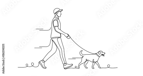 Line art of young caucasian male walking dog outdoors, no editable stroke